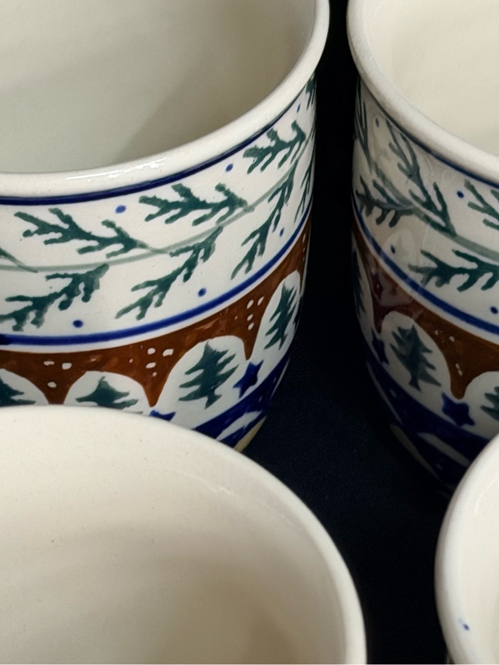 Polish Pottery Mugs set of 6 with Blue Handles and Festive Tree Pattern - Picture 6 of 10